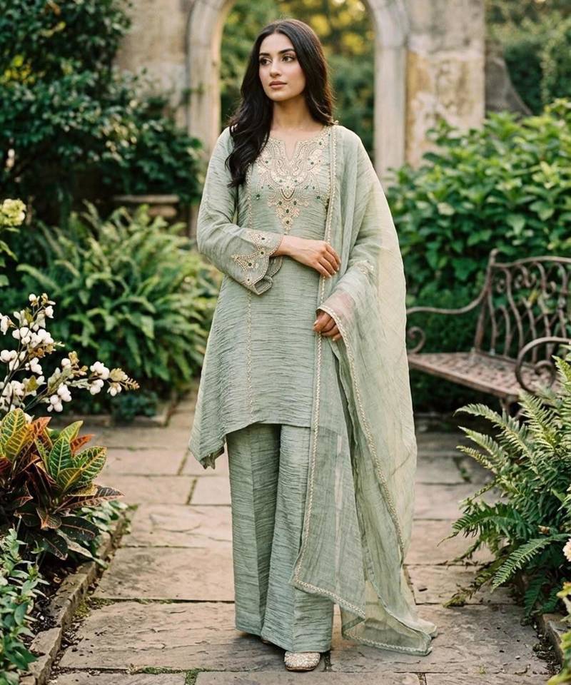 Green silk blend embroidered palazzo set