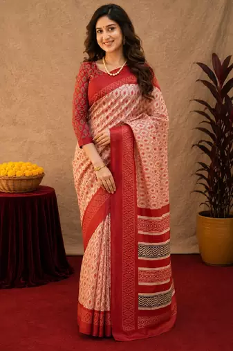  white red chanderi cotton blend printed  1 minute ready to wear saree with unstitched blouse piece