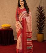  white red chanderi cotton blend printed  1 minute ready to wear saree with unstitched blouse piece