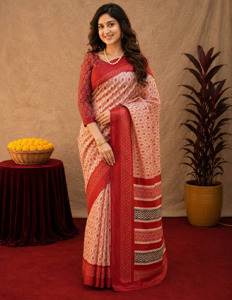  white red chanderi cotton blend printed  1 minute ready to wear saree with unstitched blouse piece