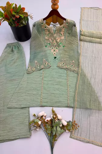 Green silk blend embroidered palazzo set