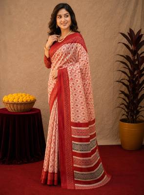  white red chanderi cotton blend printed  1 minute ready to wear saree with unstitched blouse piece 2