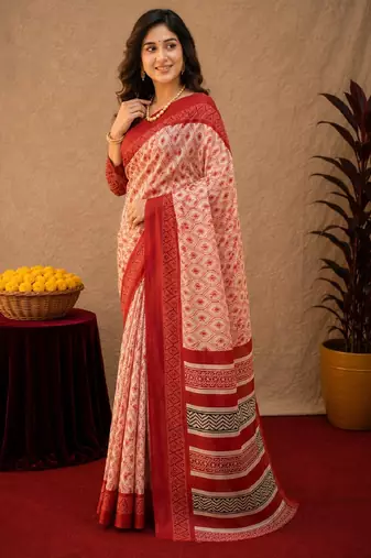  white red chanderi cotton blend printed  1 minute ready to wear saree with unstitched blouse piece