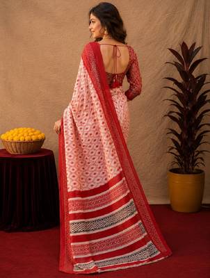 white red chanderi cotton blend printed  1 minute ready to wear saree with unstitched blouse piece 3
