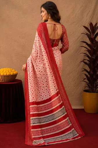  white red chanderi cotton blend printed  1 minute ready to wear saree with unstitched blouse piece