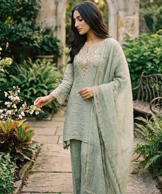 Green silk blend embroidered palazzo set 3