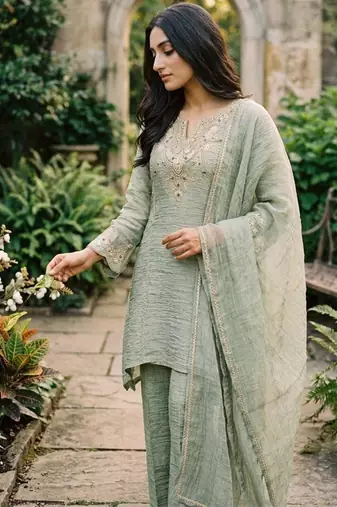 Green silk blend embroidered palazzo set