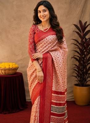  white red chanderi cotton blend printed  1 minute ready to wear saree with unstitched blouse piece 4