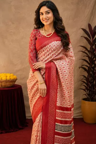  white red chanderi cotton blend printed  1 minute ready to wear saree with unstitched blouse piece