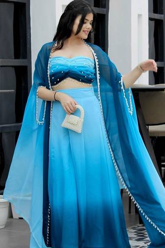 Blue georgette stone work palazzo set
