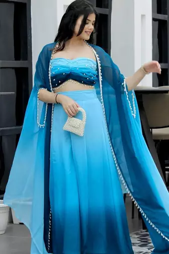 Blue georgette stone work palazzo set