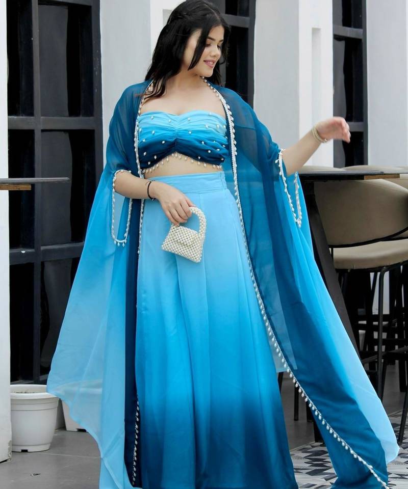 Blue georgette stone work palazzo set