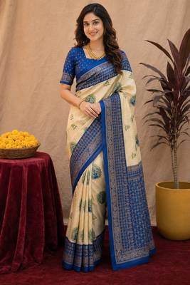  crean blue chanderi cotton blend printed 1 minute ready to wear saree with unstitched blouse piece 1