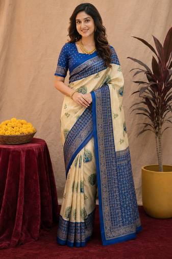  crean blue chanderi cotton blend printed 1 minute ready to wear saree with unstitched blouse piece