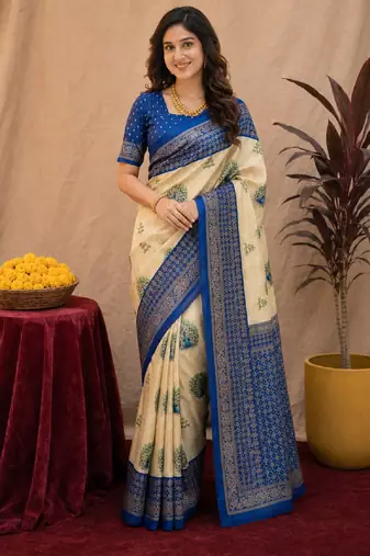  crean blue chanderi cotton blend printed 1 minute ready to wear saree with unstitched blouse piece