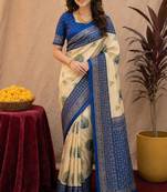  crean blue chanderi cotton blend printed 1 minute ready to wear saree with unstitched blouse piece