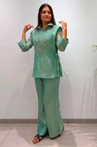Green silk blend embroidered co-ord set.