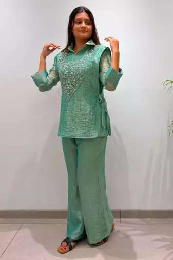 Green silk blend embroidered co-ord set.