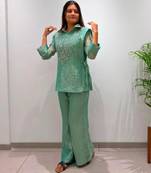 Green silk blend embroidered co-ord set.