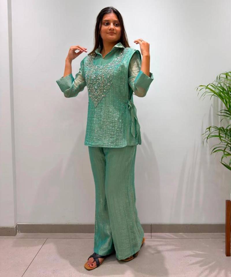 Green silk blend embroidered co-ord set.