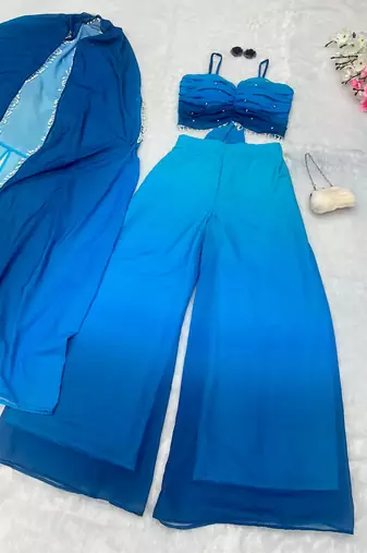 Blue georgette stone work palazzo set