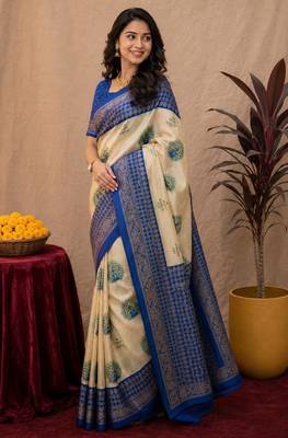  crean blue chanderi cotton blend printed 1 minute ready to wear saree with unstitched blouse piece 2