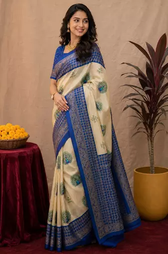  crean blue chanderi cotton blend printed 1 minute ready to wear saree with unstitched blouse piece