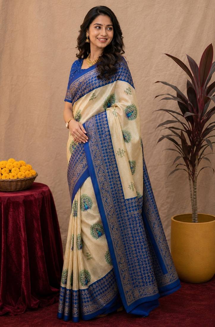  crean blue chanderi cotton blend printed 1 minute ready to wear saree with unstitched blouse piece