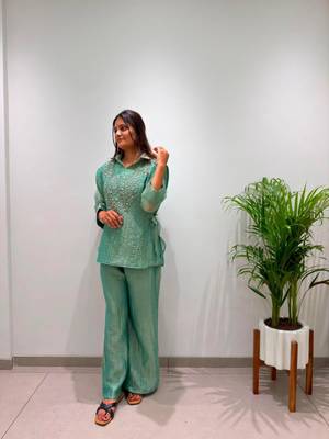Green silk blend embroidered co-ord set. 2