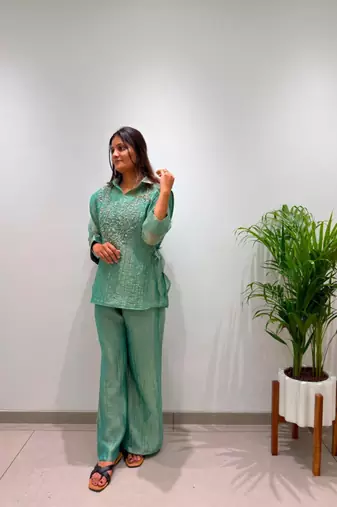 Green silk blend embroidered co-ord set.