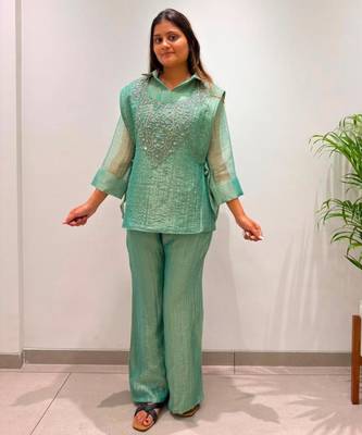 Green silk blend embroidered co-ord set. 3