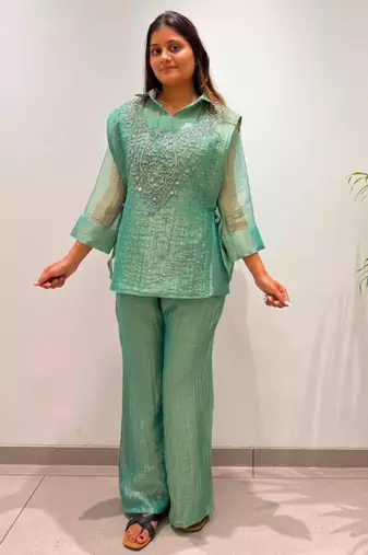 Green silk blend embroidered co-ord set.