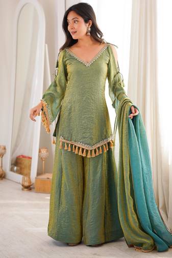 Olive silk blend mirror work palazzo set