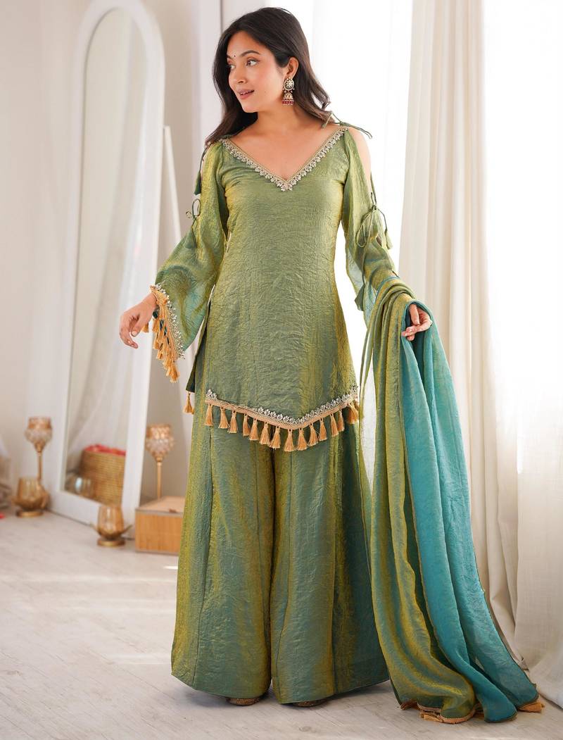Olive silk blend mirror work palazzo set