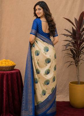  crean blue chanderi cotton blend printed 1 minute ready to wear saree with unstitched blouse piece 3
