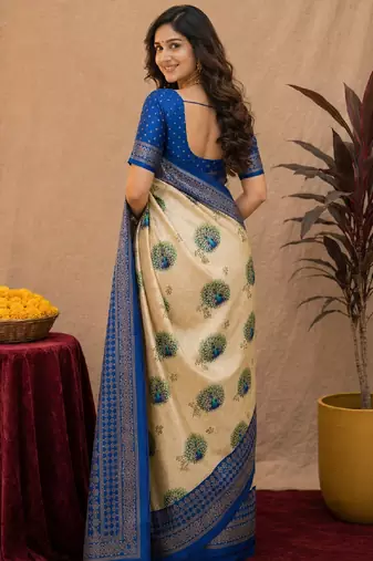  crean blue chanderi cotton blend printed 1 minute ready to wear saree with unstitched blouse piece