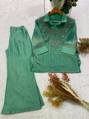 Green silk blend embroidered co-ord set. 4
