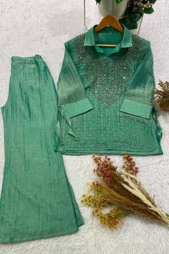 Green silk blend embroidered co-ord set.