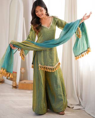 Olive silk blend mirror work palazzo set 2