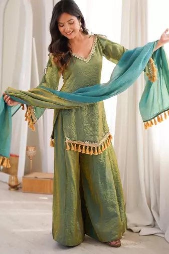 Olive silk blend mirror work palazzo set