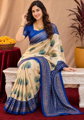 crean blue chanderi cotton blend printed 1 minute ready to wear saree with unstitched blouse piece 4