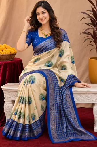  crean blue chanderi cotton blend printed 1 minute ready to wear saree with unstitched blouse piece