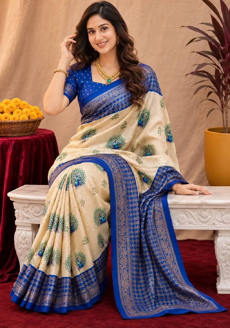  crean blue chanderi cotton blend printed 1 minute ready to wear saree with unstitched blouse piece