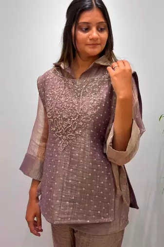 Mauve silk blend embroidered co-ord set