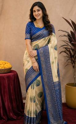  crean blue chanderi cotton blend printed 1 minute ready to wear saree with unstitched blouse piece 5