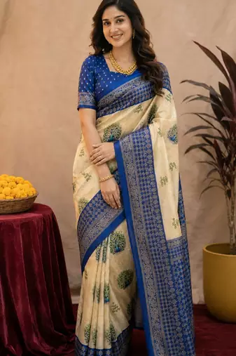  crean blue chanderi cotton blend printed 1 minute ready to wear saree with unstitched blouse piece