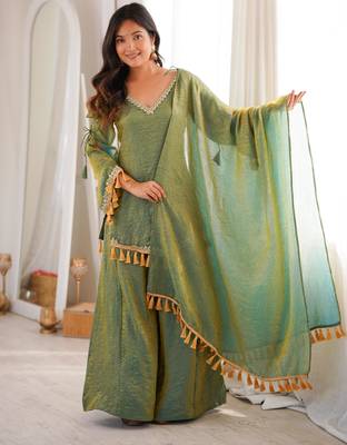 Olive silk blend mirror work palazzo set 3