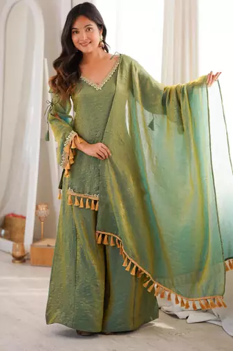Olive silk blend mirror work palazzo set
