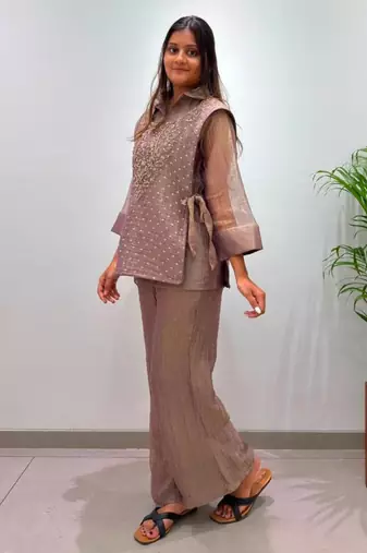 Mauve silk blend embroidered co-ord set