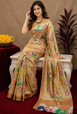  beige chanderi cotton blend printed  1 minute ready to wear saree with unstitched blouse piece 1